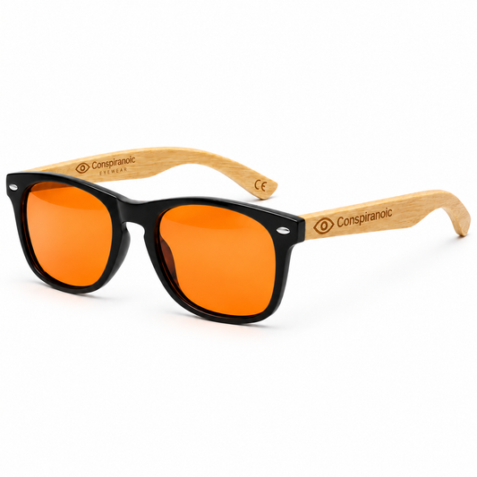 Terra SHIELD Bambú: gafas para dormir con lentes ámbar y montura de bambú natural - Conspiranoic